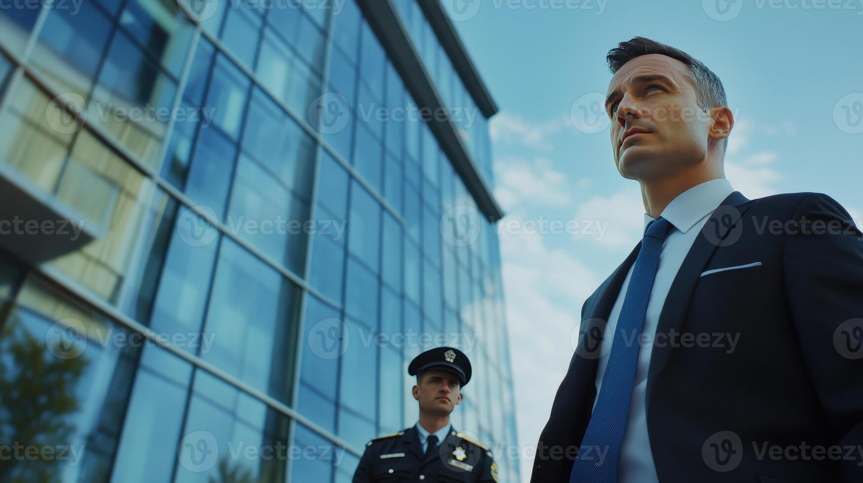 Businessman and security guard outside a modern office building on a sunny day photo