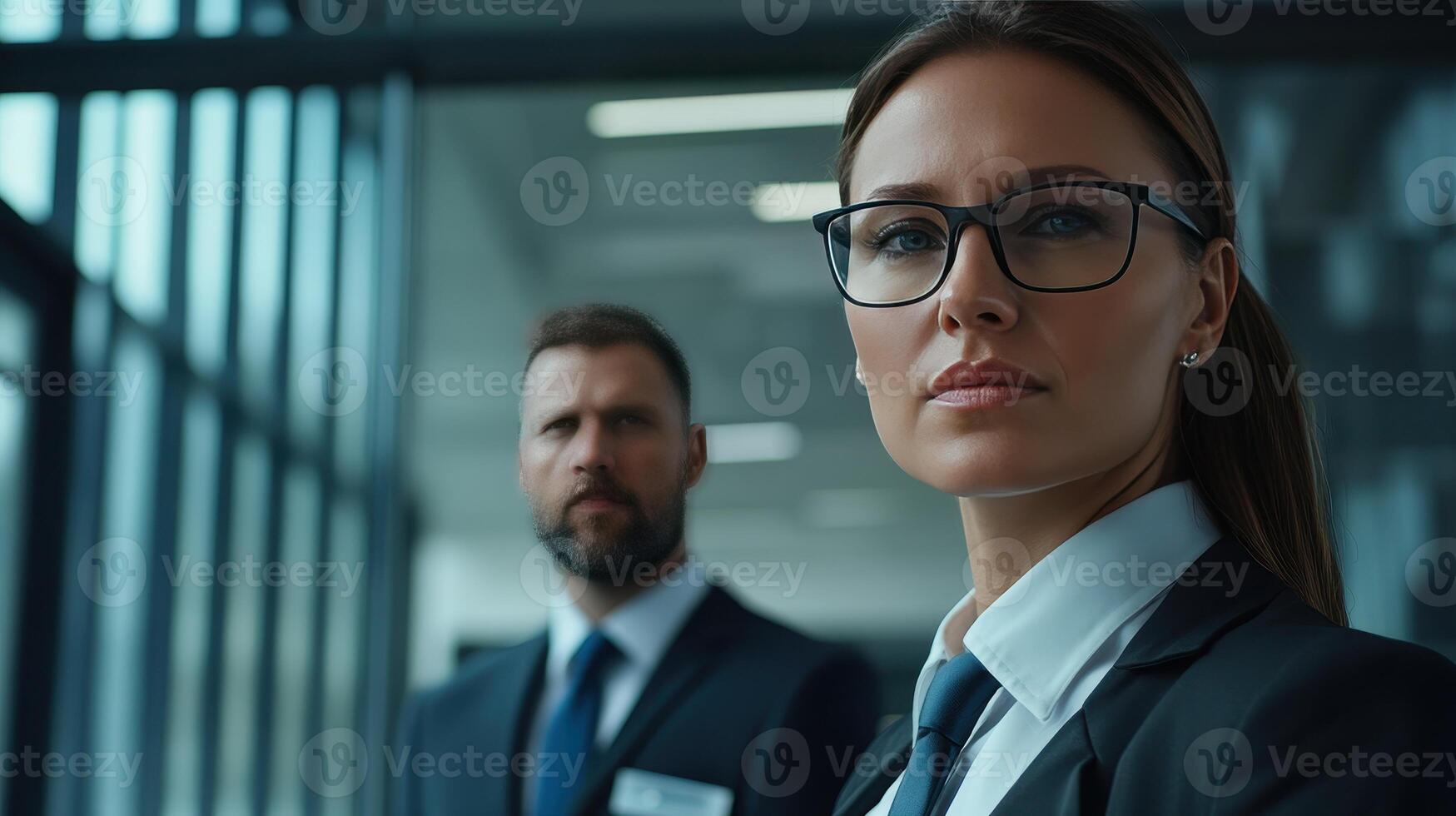 Confident professionals in business attire engage in a serious discussion at a modern office during the day photo