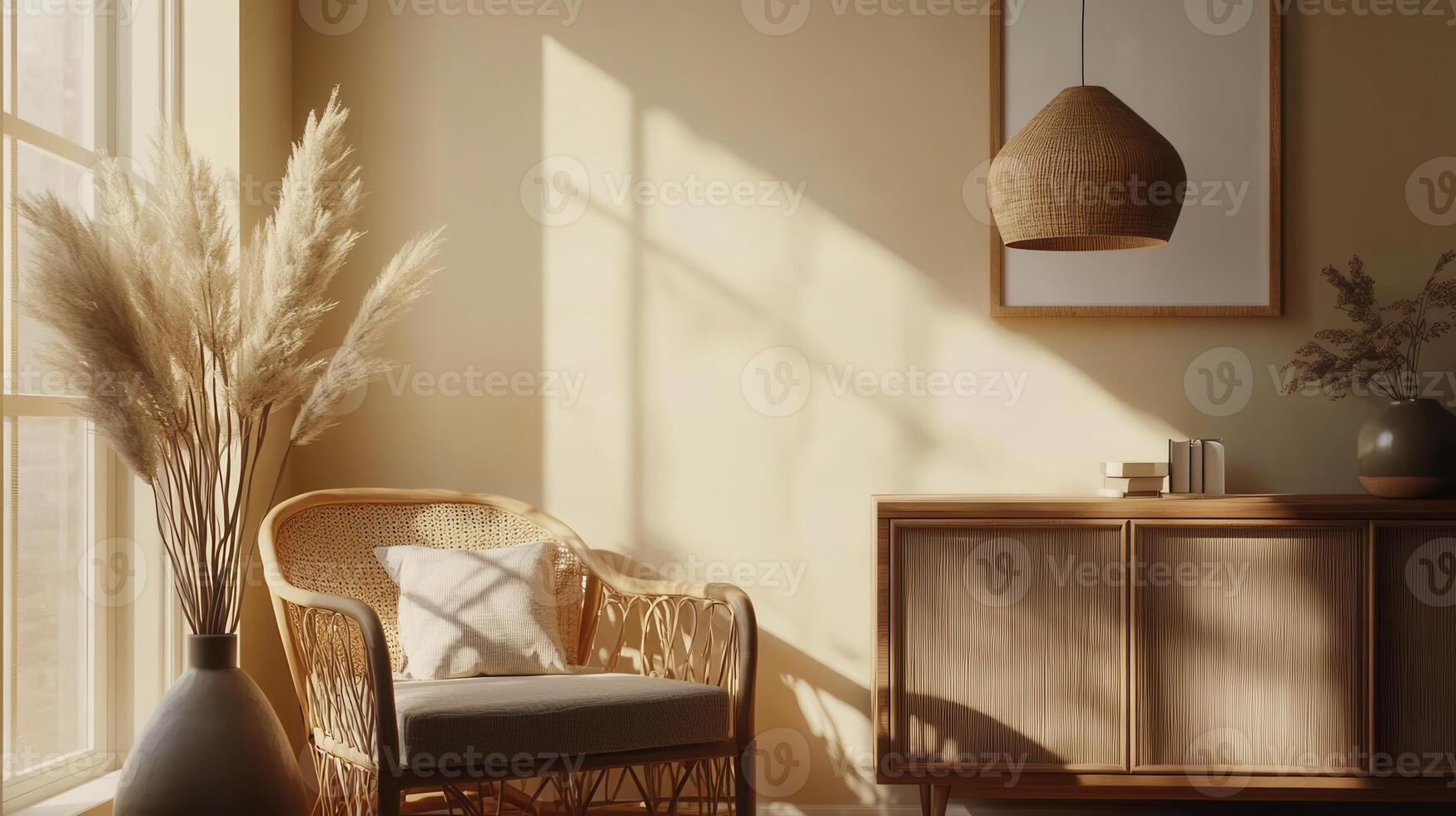 Cozy living room with natural light highlighting decorative furniture and plants in a modern interior design photo