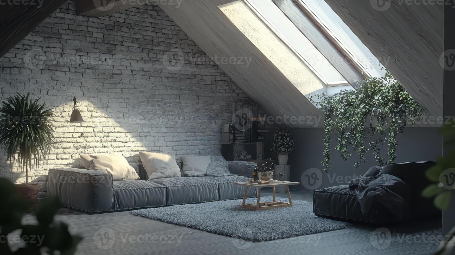 Cozy attic living room with skylights and plants in a modern interior design during daylight photo