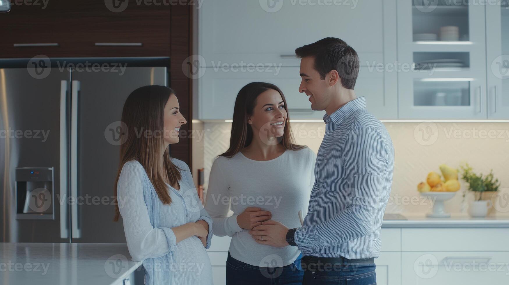 Group of friends enjoying a casual conversation in a modern kitchen during a relaxed afternoon gathering photo