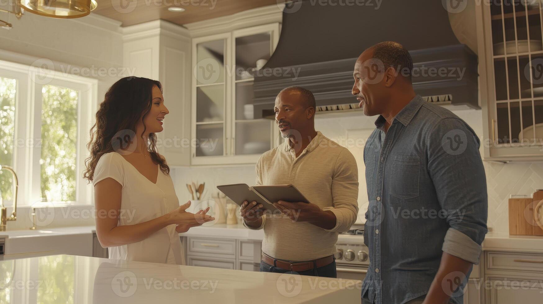 Three individuals discussing plans in a bright, modern kitchen during daytime photo