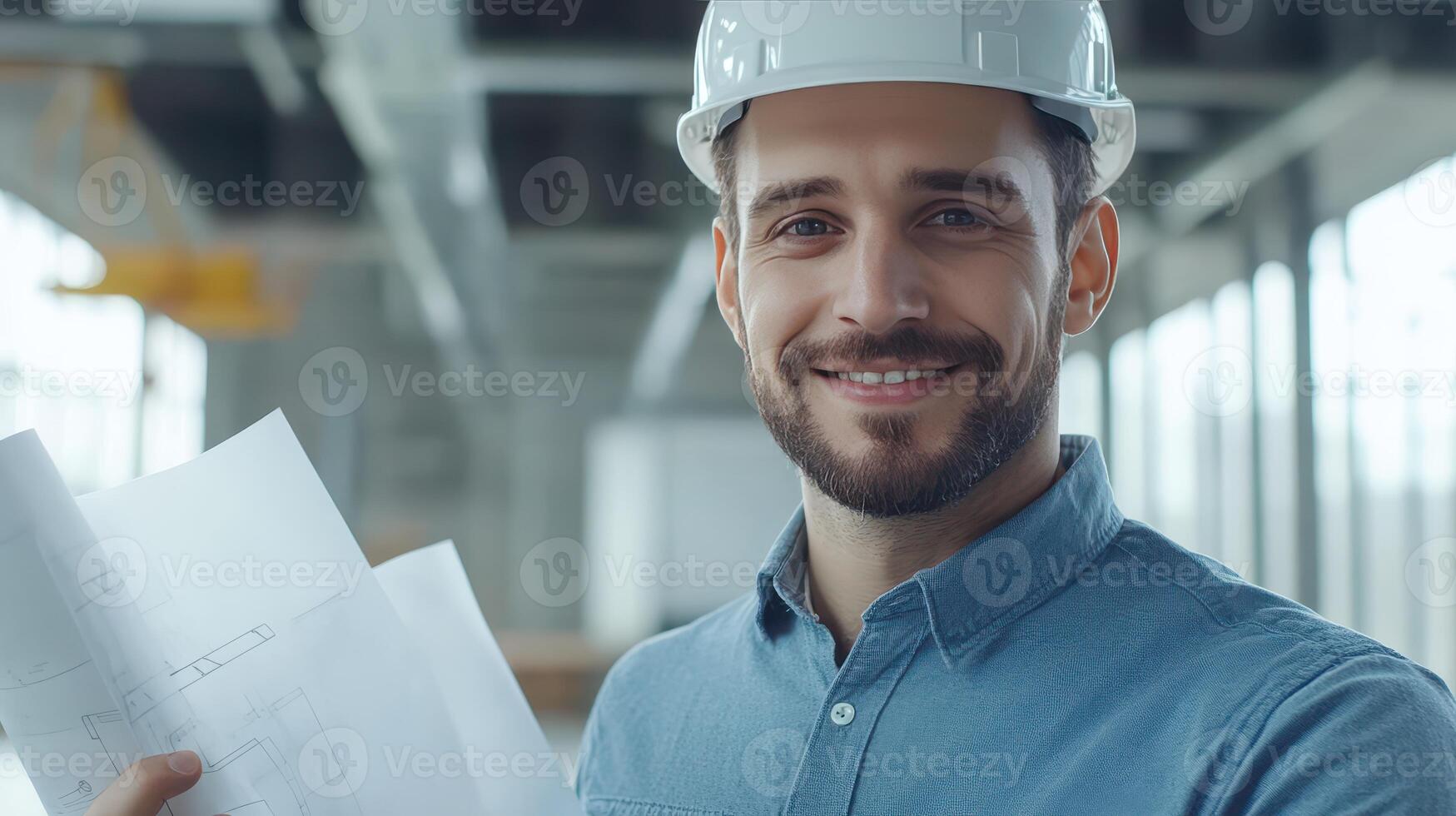 Construction worker at job site holding blueprints while smiling in a bright workspace during daylight photo