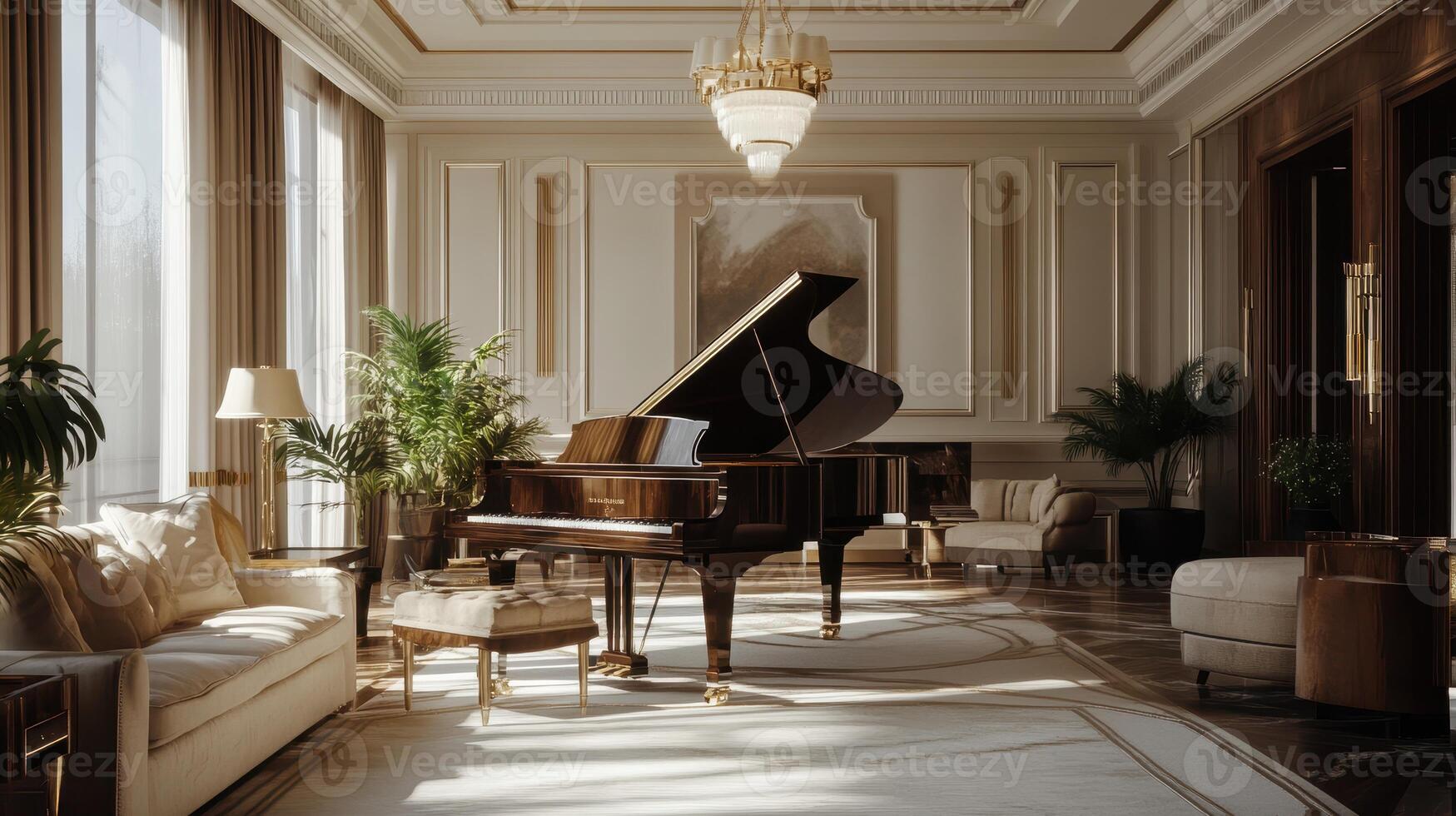 Elegant grand piano in a luxurious living room with natural light, showcasing modern decor and lush greenery photo