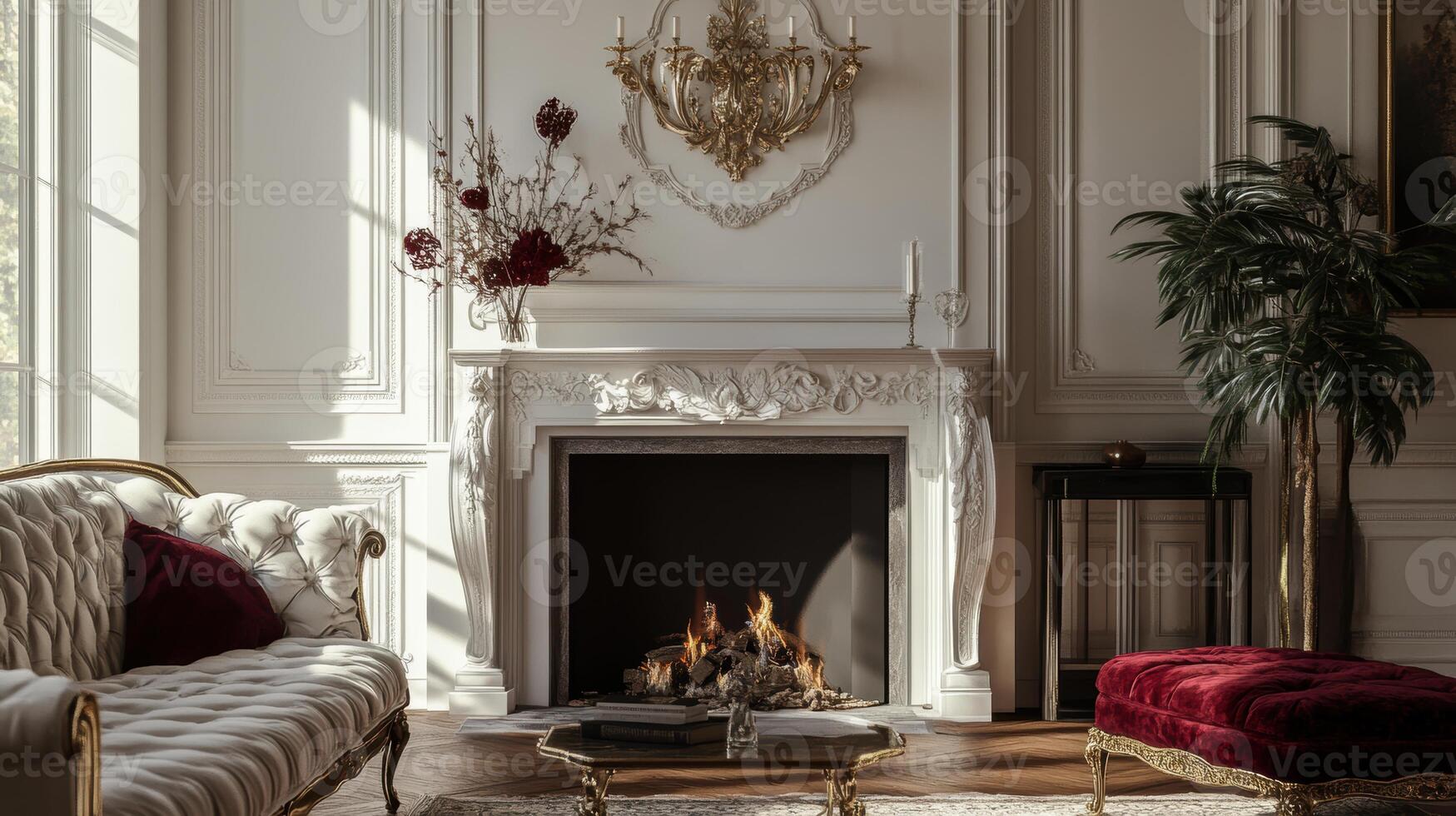 Cozy living room with a fireplace and elegant decor during the afternoon sunlight photo