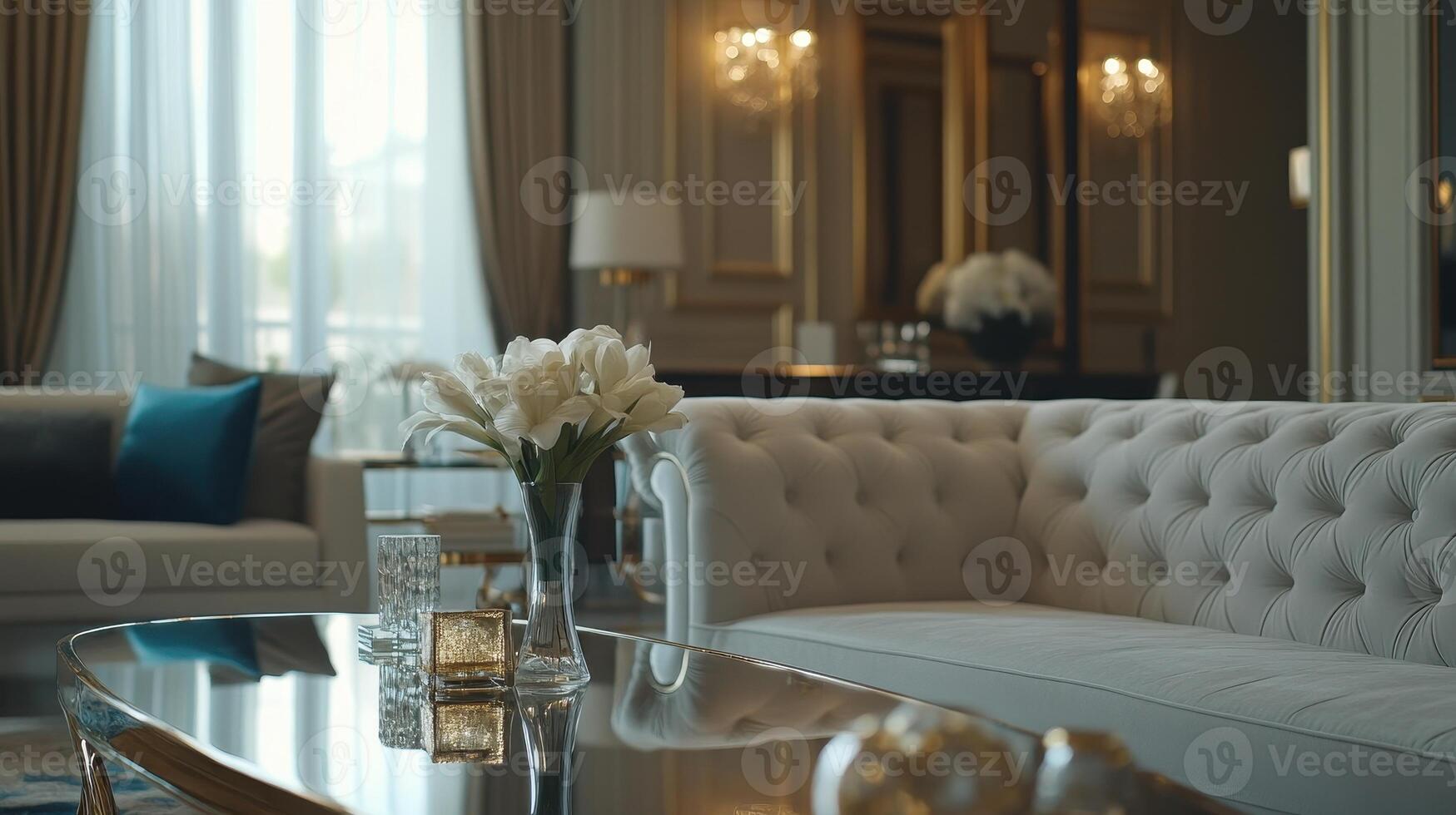 Elegant living room with chic decor and soft lighting in a modern luxury space, showcasing a stylish sofa and a flower arrangement photo