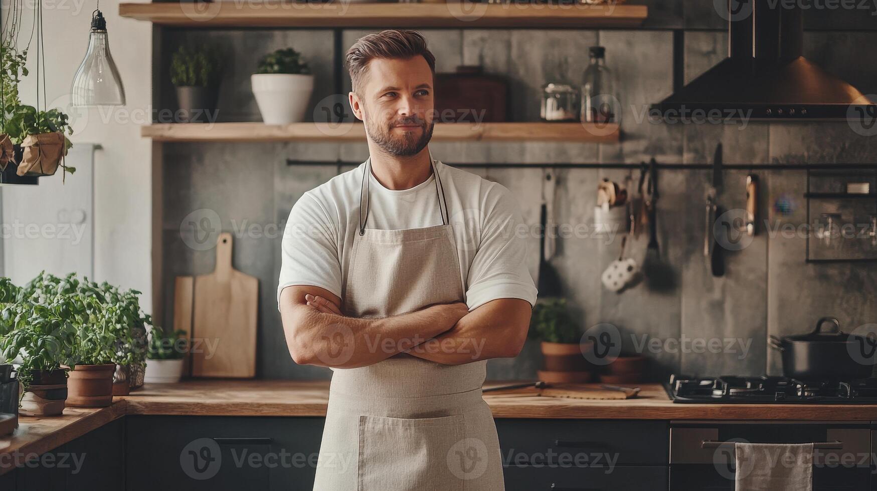 A chef in a modern kitchen standing confidently with arms crossed, surrounded by plants and cooking utensils during the daytime photo