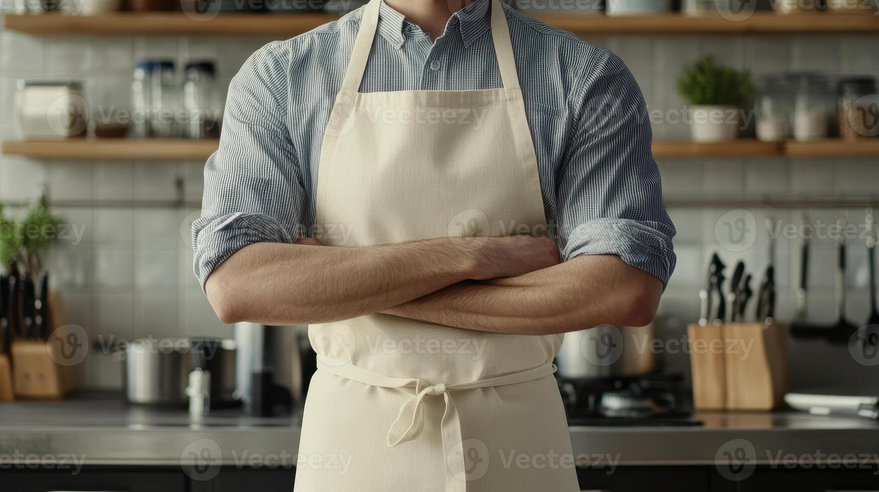 A man stands confidently in a kitchen wearing an apron with arms crossed, surrounded by cooking utensils and ingredients photo