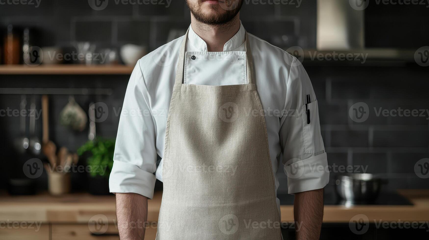 A chef stands confidently in a modern kitchen, wearing an apron and ready to prepare a meal in a cozy, well-equipped culinary environment photo