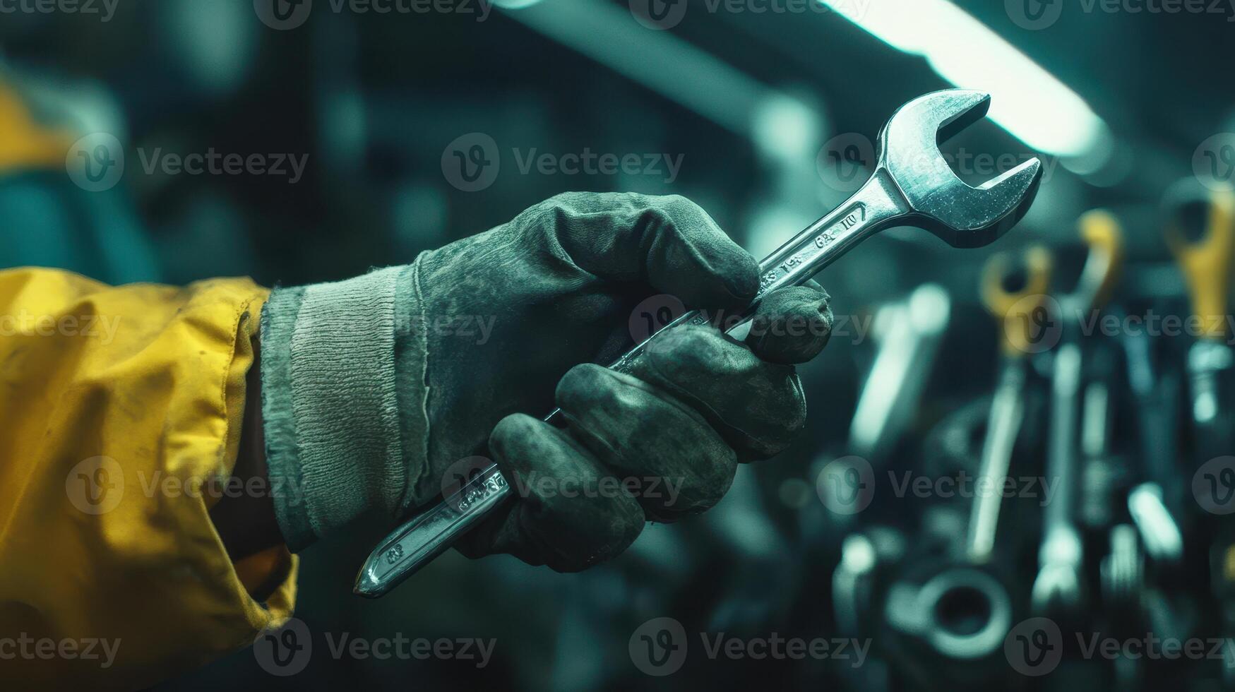 A worker holding a wrench in a dimly lit workshop with various tools in the background, showcasing a moment of focus and readiness photo