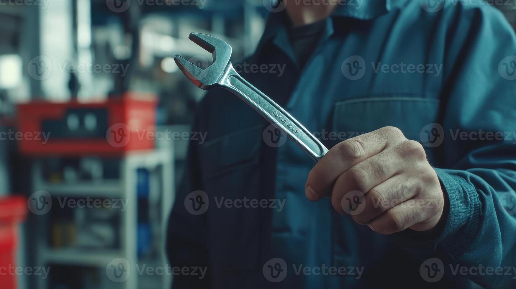 Mechanic holding a wrench in an automotive workshop during the day photo