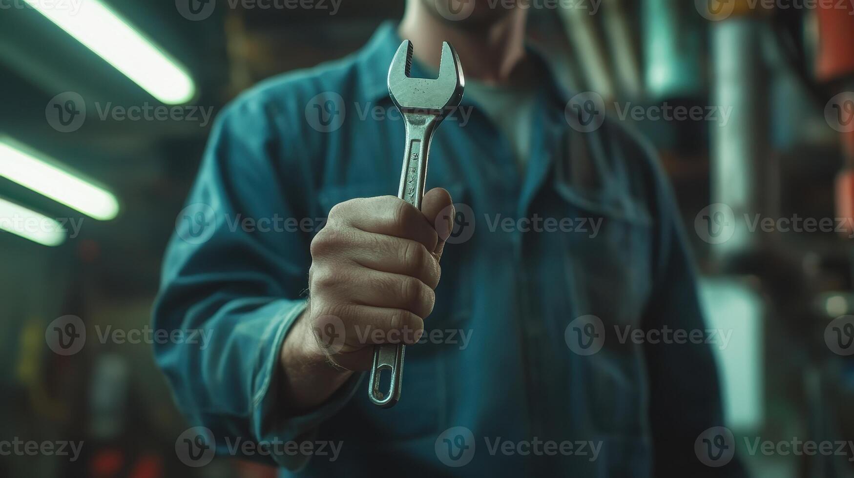 A mechanic holds a wrench in a workshop during evening hours showcasing precision and readiness for repairs photo