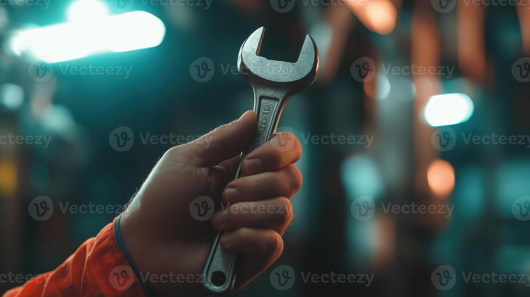 A mechanic holds a wrench in a dimly lit workshop during evening hours photo
