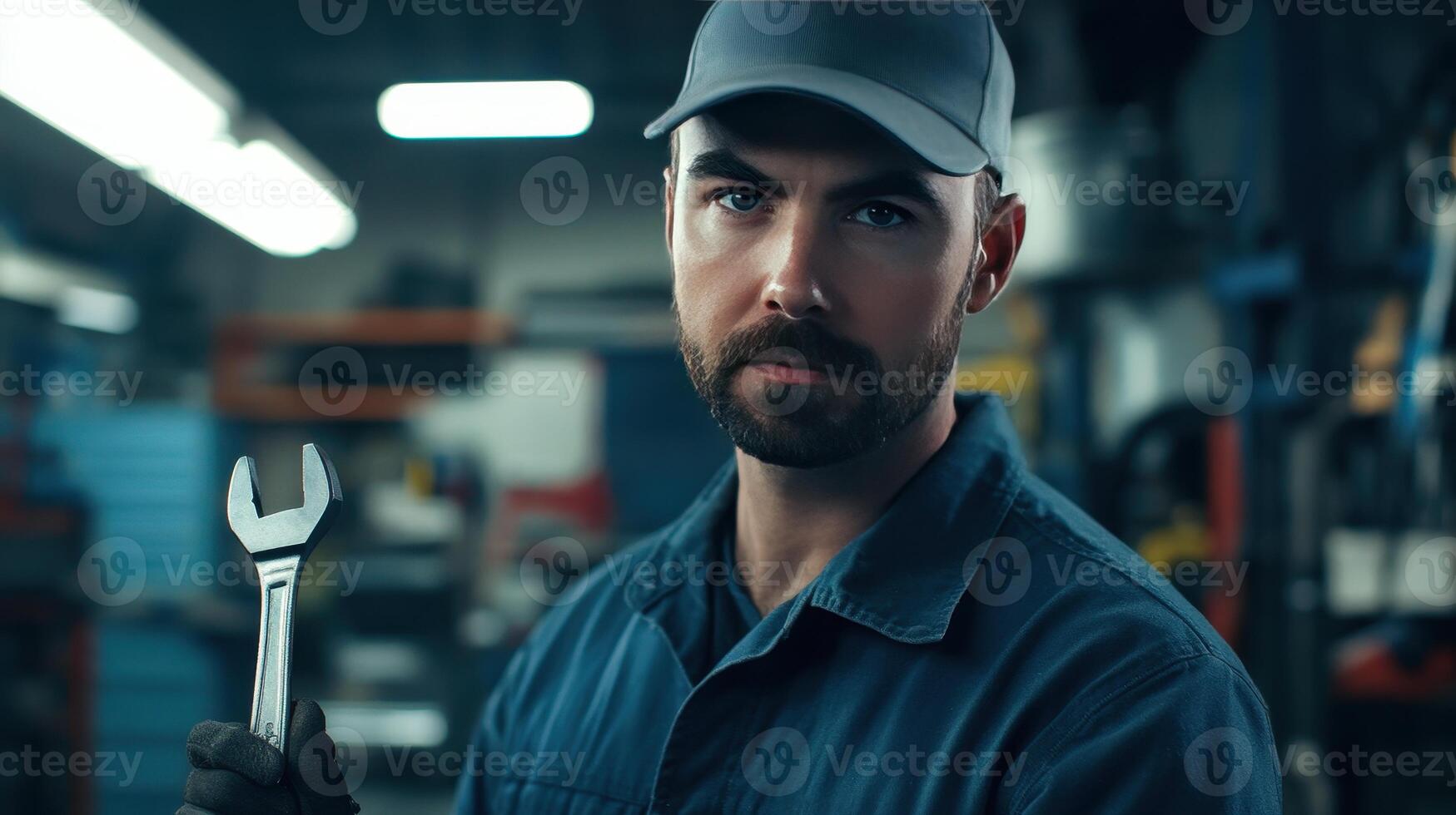 Mechanic in workshop holding adjustable wrench during afternoon repairs photo