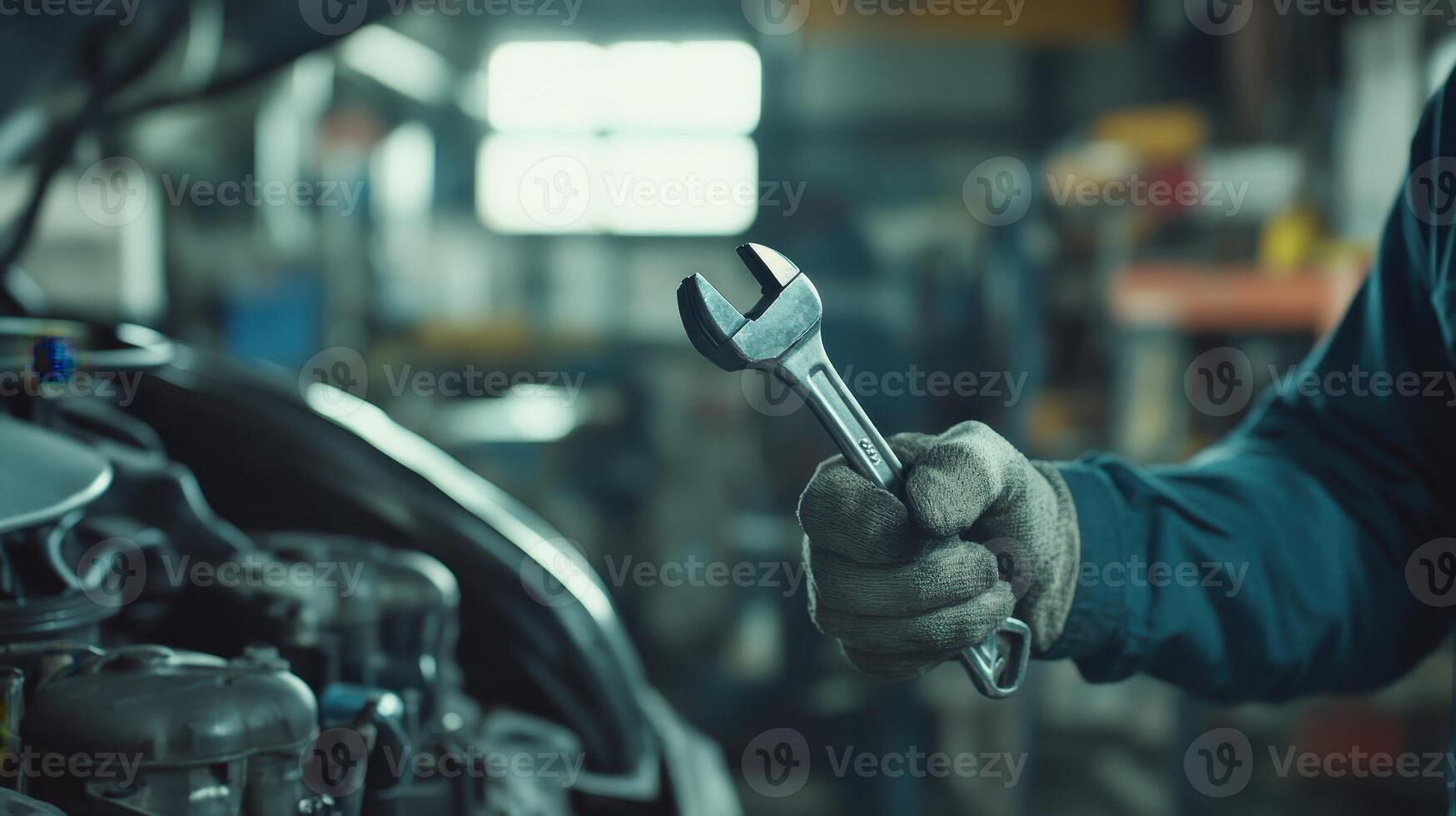 Mechanic holding a wrench while inspecting a car engine in a busy automotive workshop during the day photo