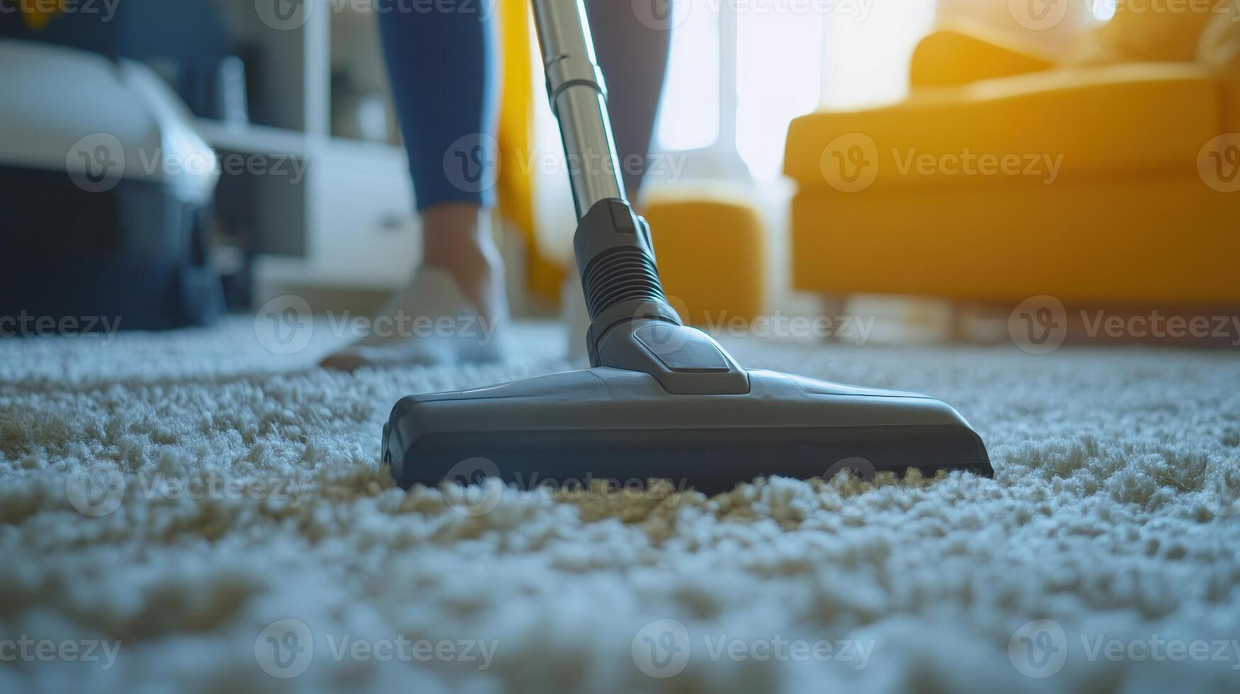 A person vacuuming a living room carpet with a cozy sofa in the background during the afternoon sunlight photo