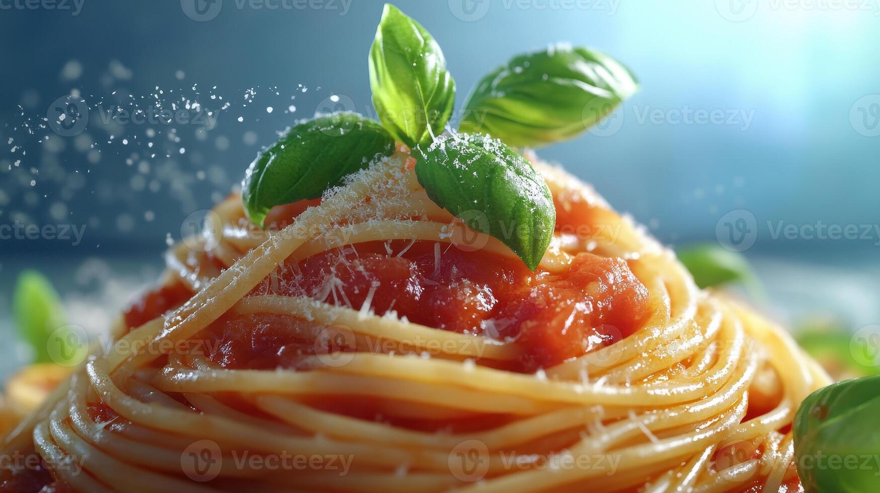 Freshly prepared spaghetti topped with basil and grated cheese in a bright kitchen setting photo
