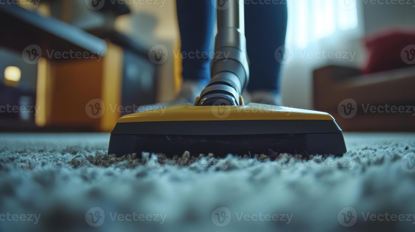 Person vacuuming a soft carpet in a cozy living room during daytime photo