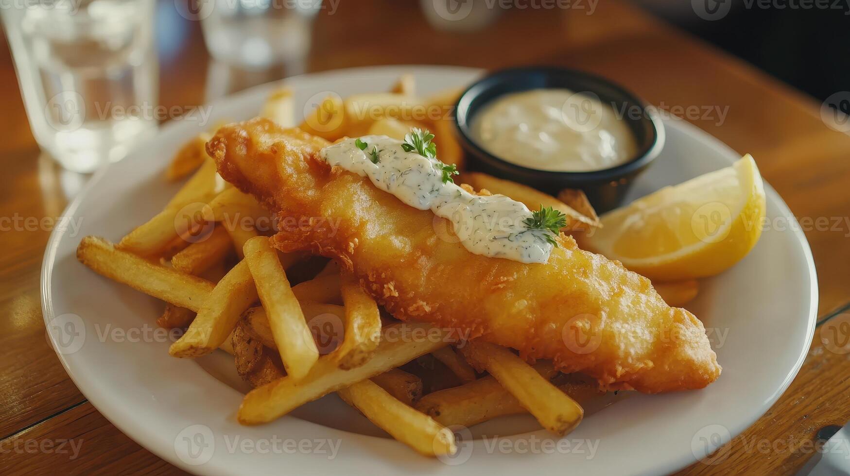 Crispy fish and chips served with tartar sauce and lemon on a wooden table in a cozy restaurant setting photo