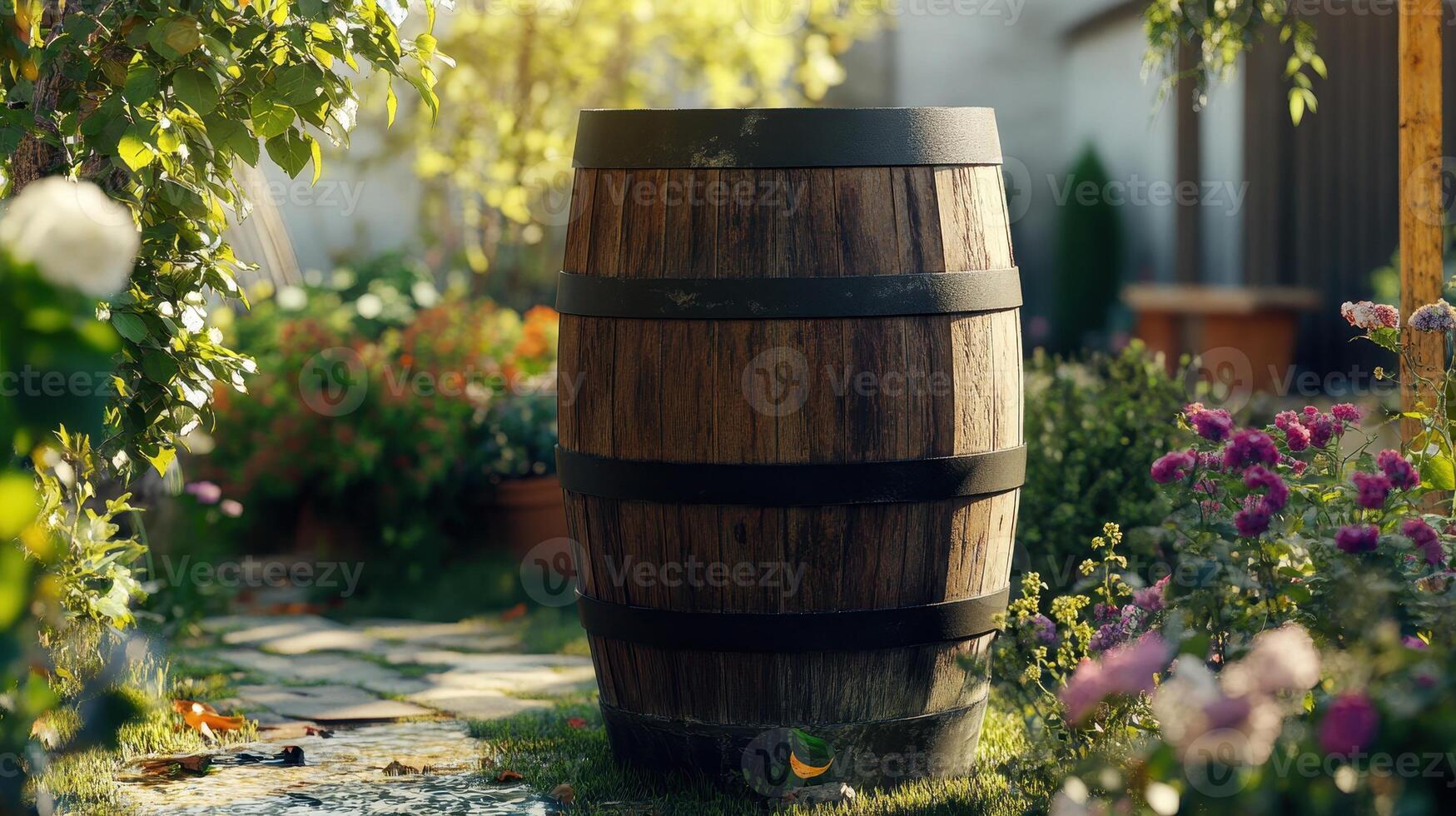 Wooden barrel nestled among vibrant flowers in a garden during late afternoon sunlight photo
