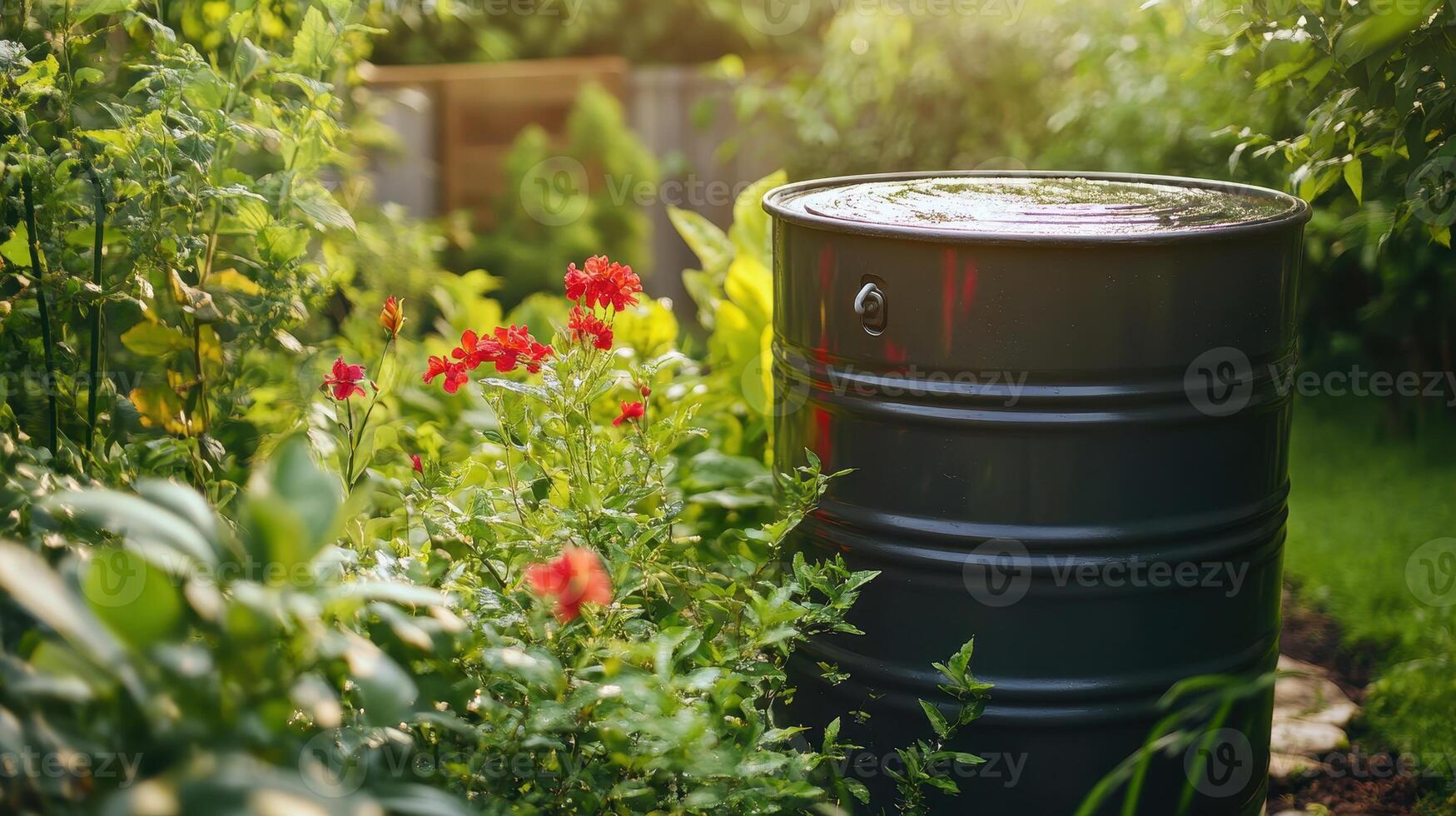Rain barrel surrounded by colorful flowers in a lush garden during the afternoon photo