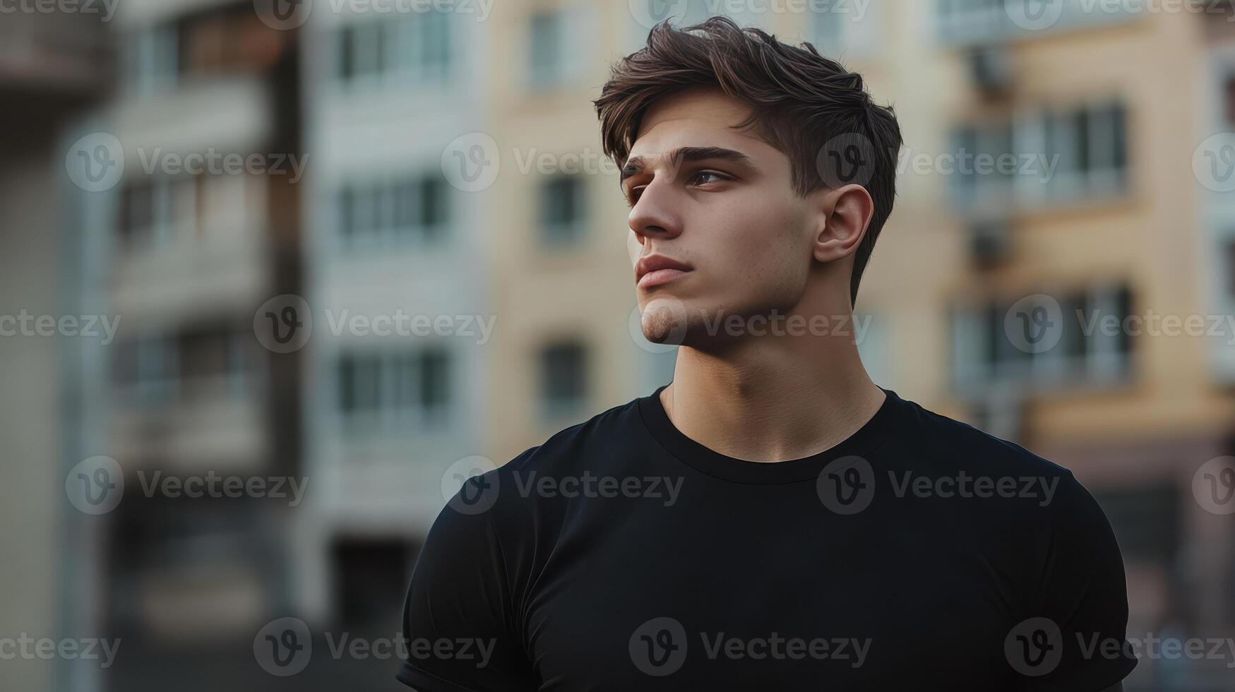 Young man in a black shirt stands confidently in an urban setting during the afternoon light photo