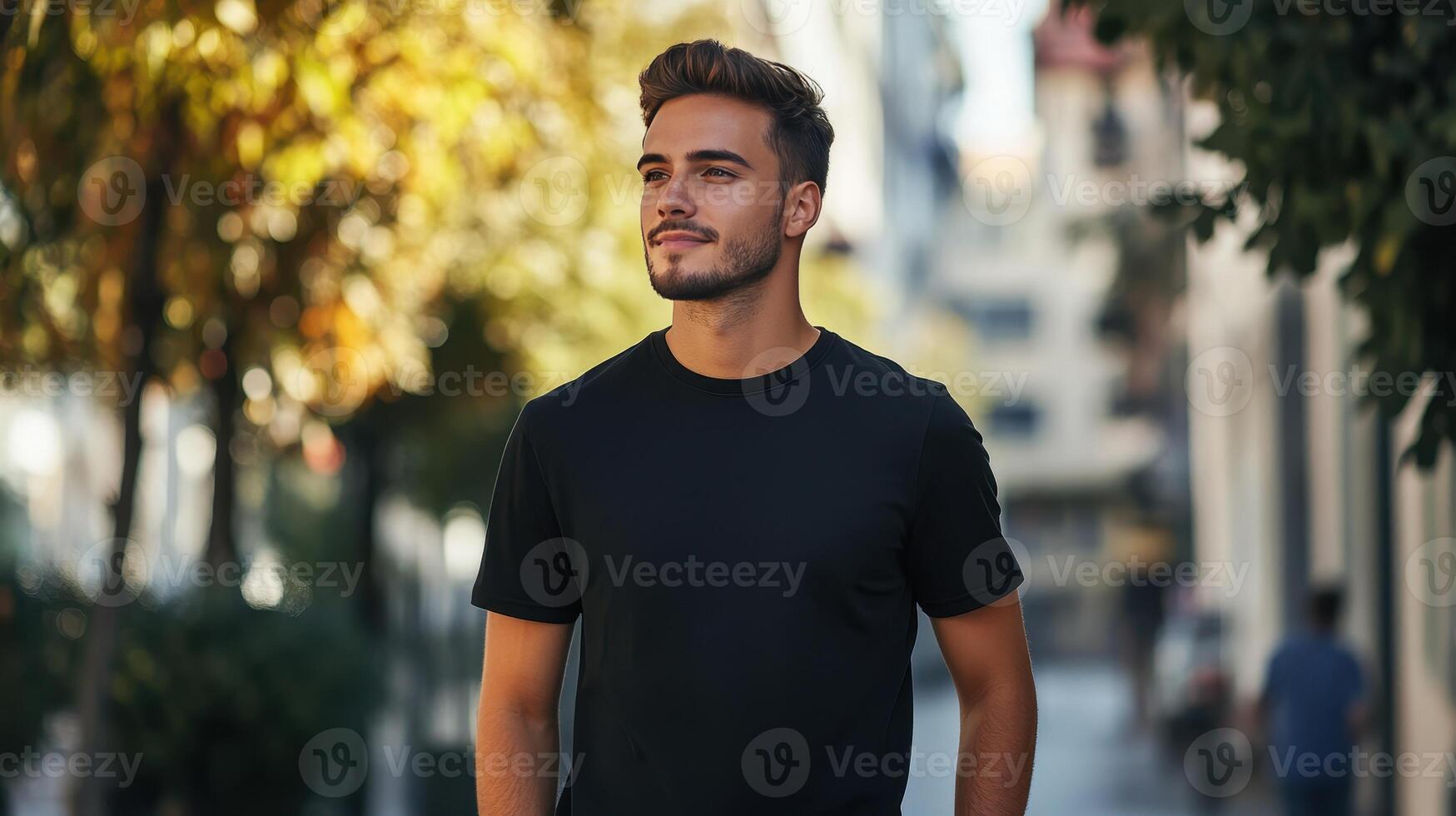 Young man walking confidently on a sunny urban street surrounded by greenery in the afternoon photo