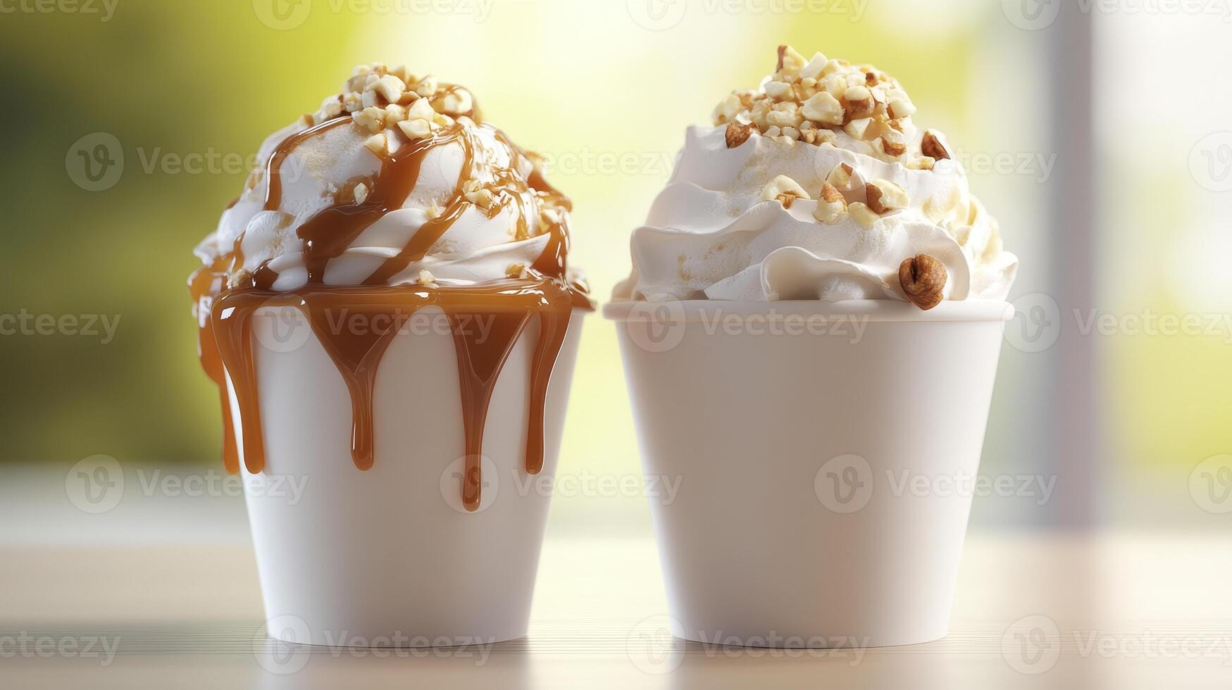 Two desserts with whipped cream and toppings on a table in a bright, sunny setting photo