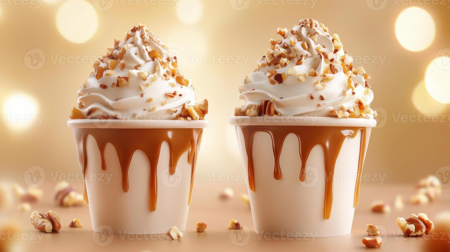 Delicious creamy desserts topped with nuts and caramel, set against a warm, softly blurred background photo