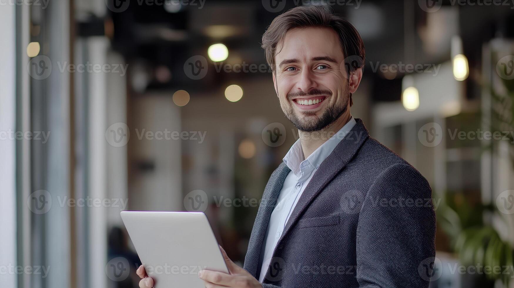 Professional man with a tablet smiles in a modern office setting during the day photo