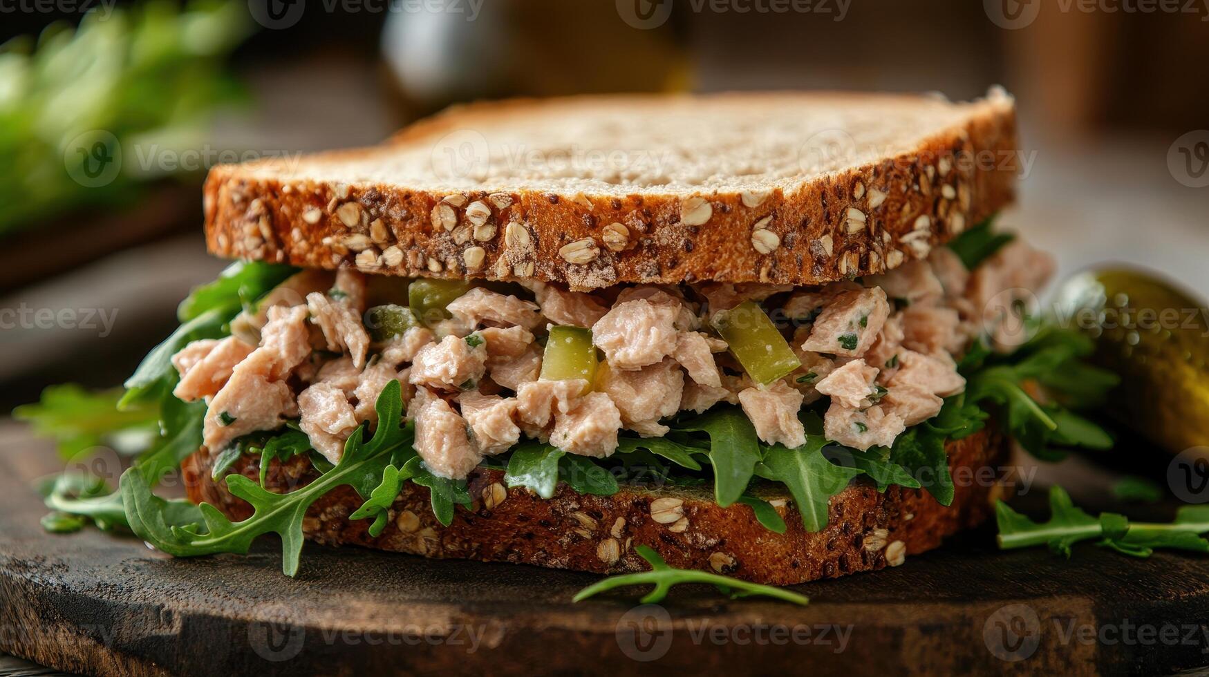 Tuna salad sandwich made with whole grain bread, arugula, and pickles on a rustic wooden surface photo