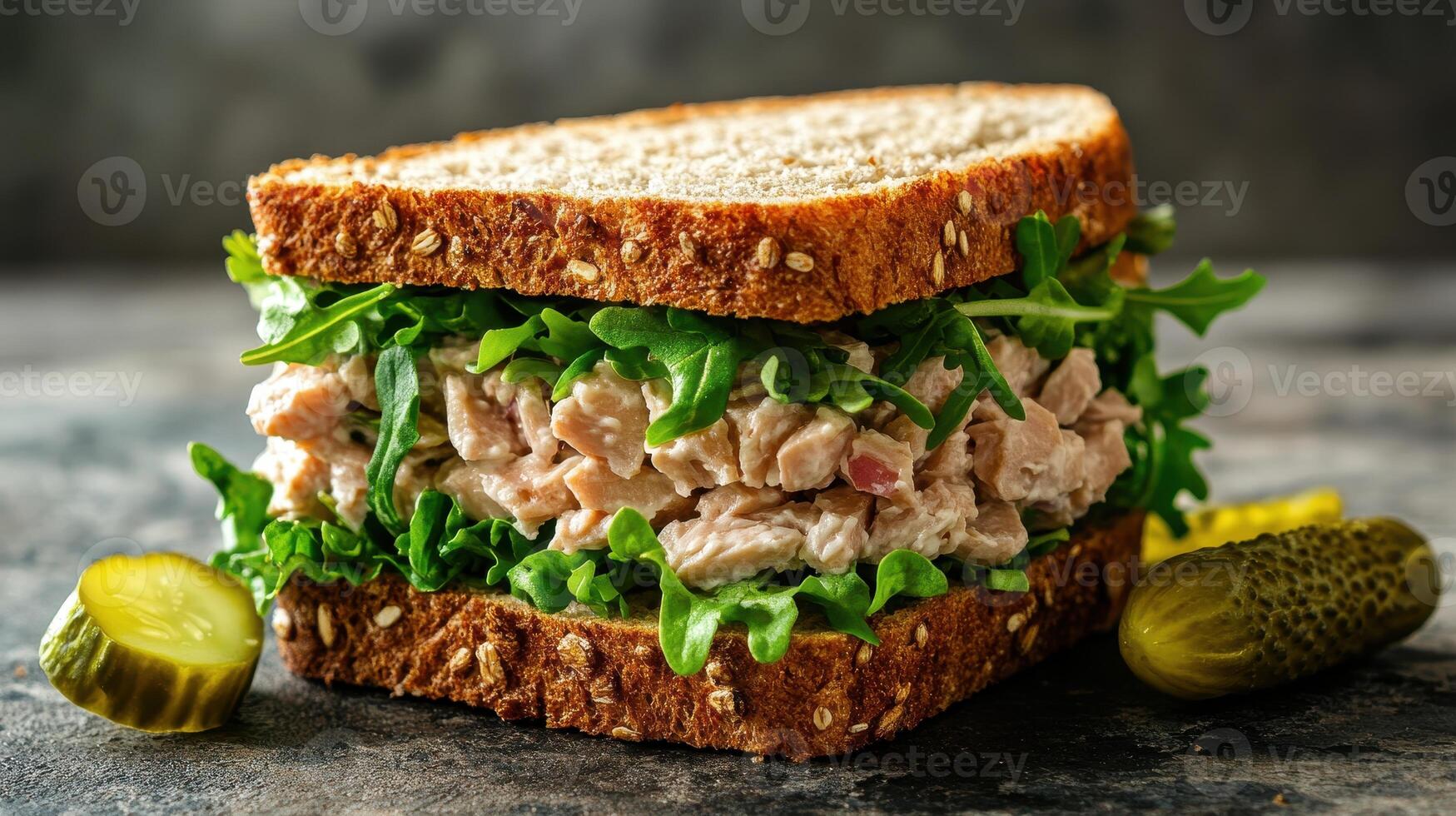 Fresh tuna salad sandwich with arugula and pickles on whole grain bread photo