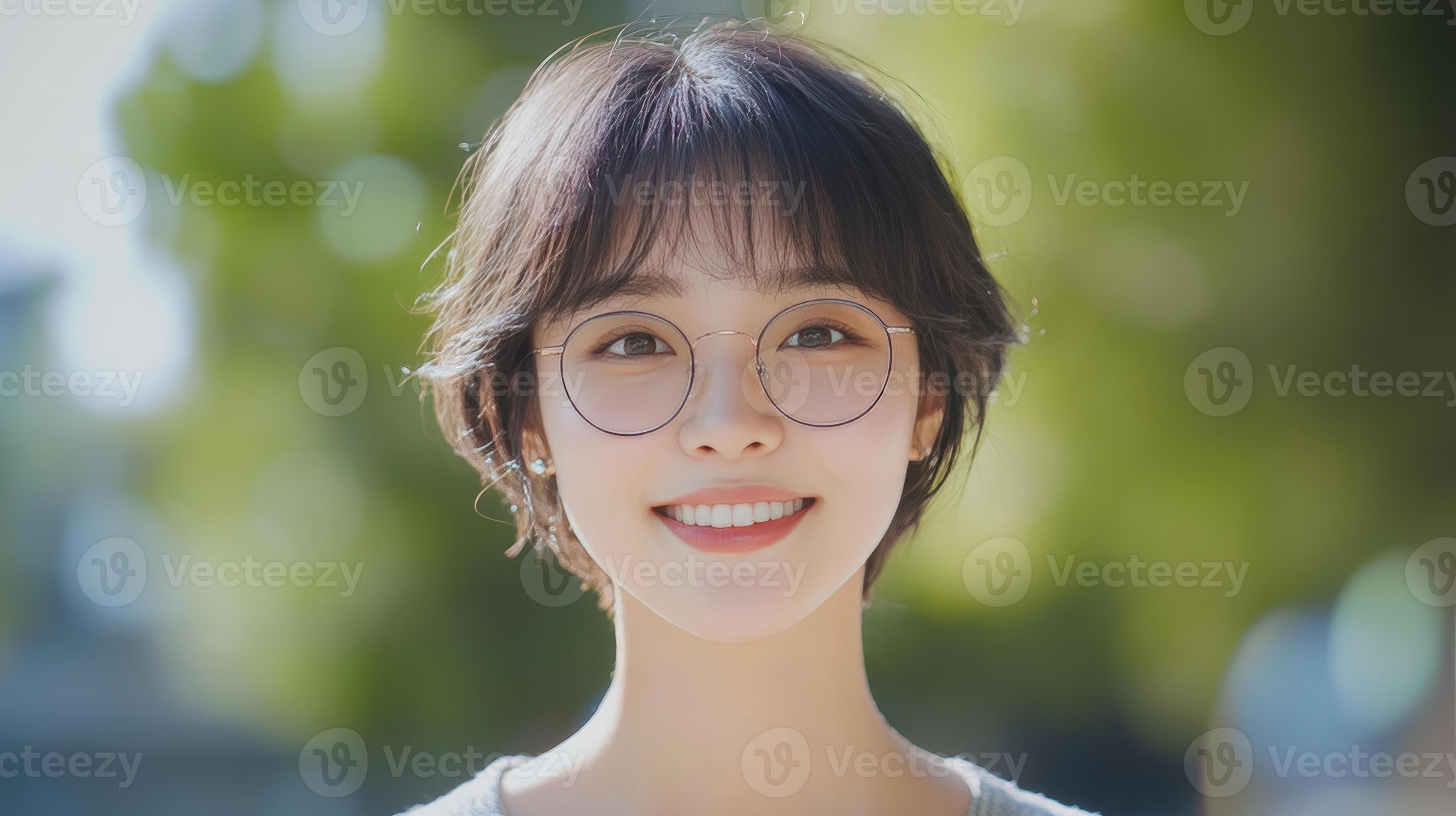  Young woman with short hair and glasses smiling outdoors on a sunny day ...