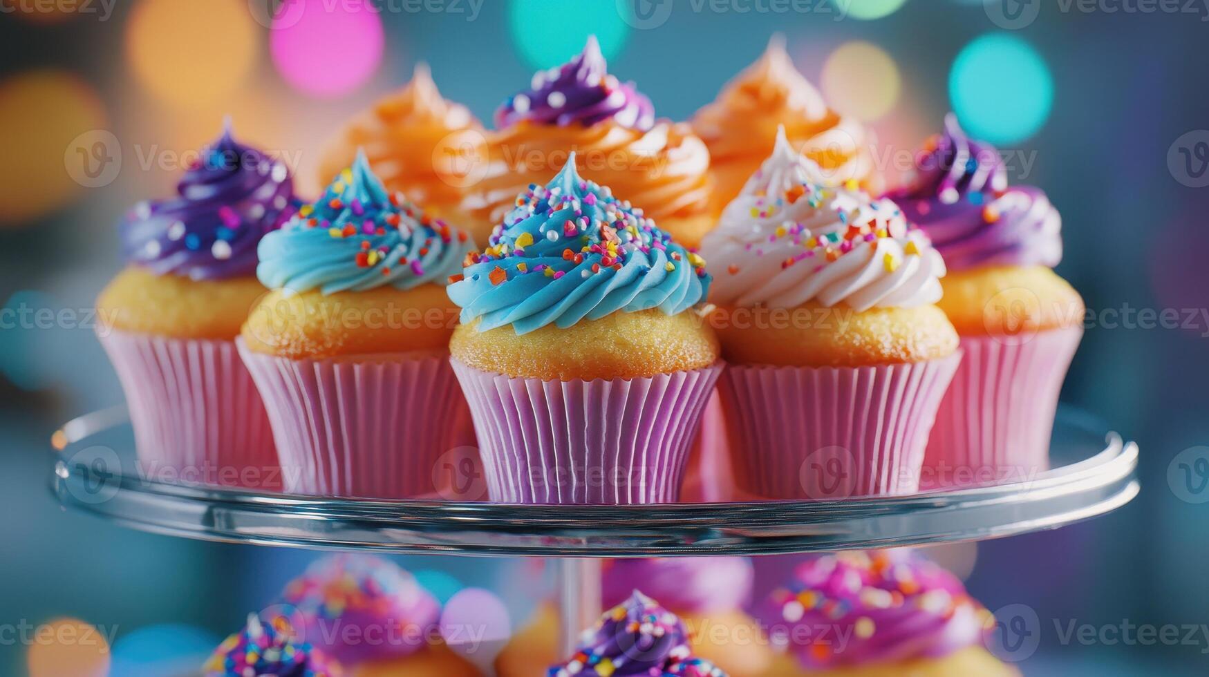 Colorful cupcakes displayed on a tiered stand with festive sprinkles during a party celebration photo
