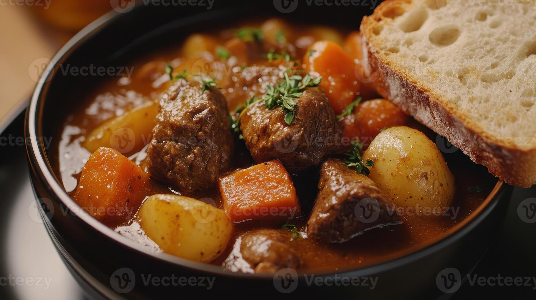 Hearty beef stew with carrots and potatoes served with crusty bread in a rustic kitchen setting photo