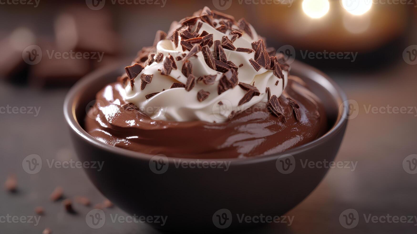 Decadent chocolate mousse topped with whipped cream and chocolate shavings in a dark bowl, beautifully presented for dessert photo