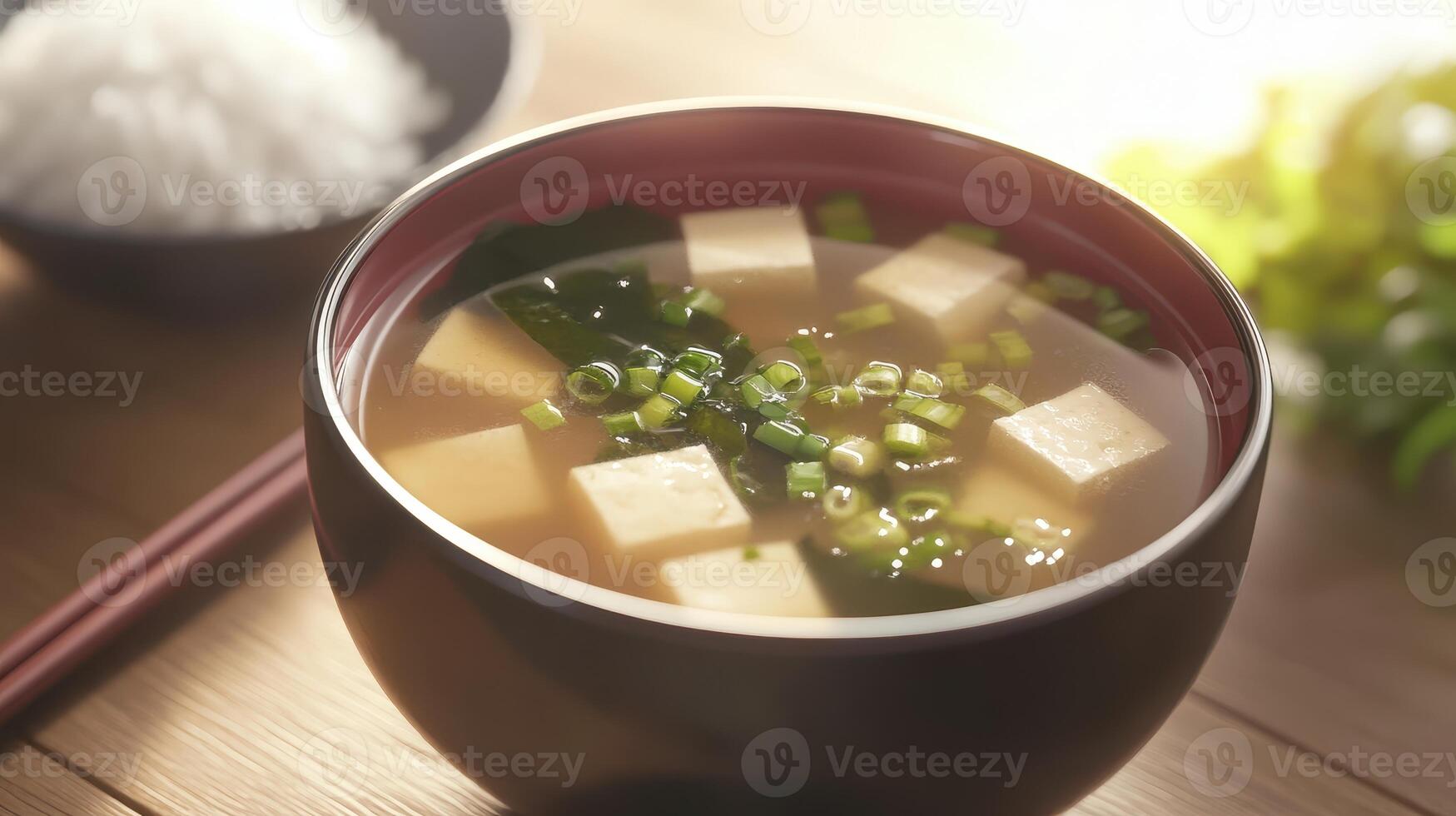 Delicious bowl of miso soup with tofu and green onions, served on a wooden table alongside rice and fresh herbs photo