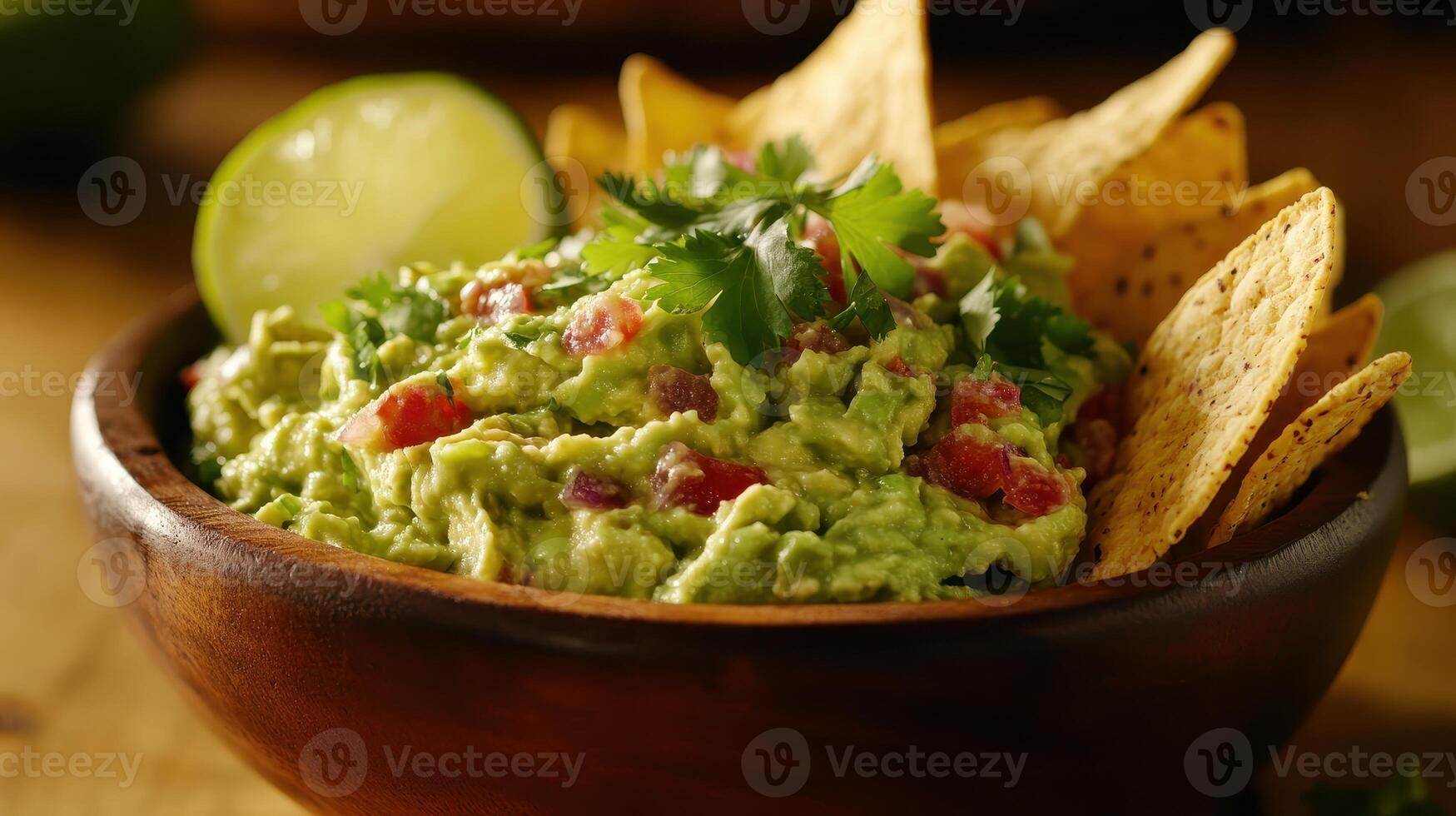 Fresh guacamole with lime and tortilla chips served in a wooden bowl at a casual gathering photo