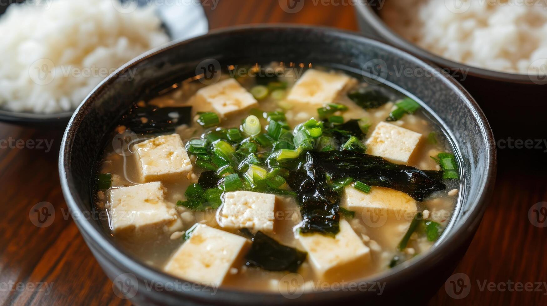 Tofu soup with green onions and seaweed served alongside bowls of rice on a wooden table photo