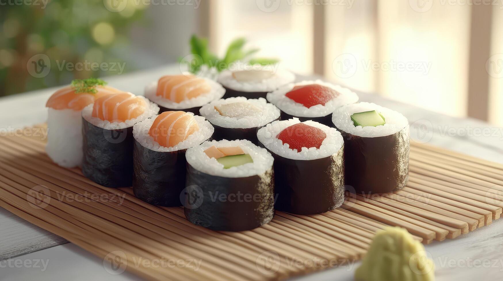Fresh sushi rolls arranged on a bamboo mat in a bright dining area with natural light, showcasing a variety of fish and vegetables photo
