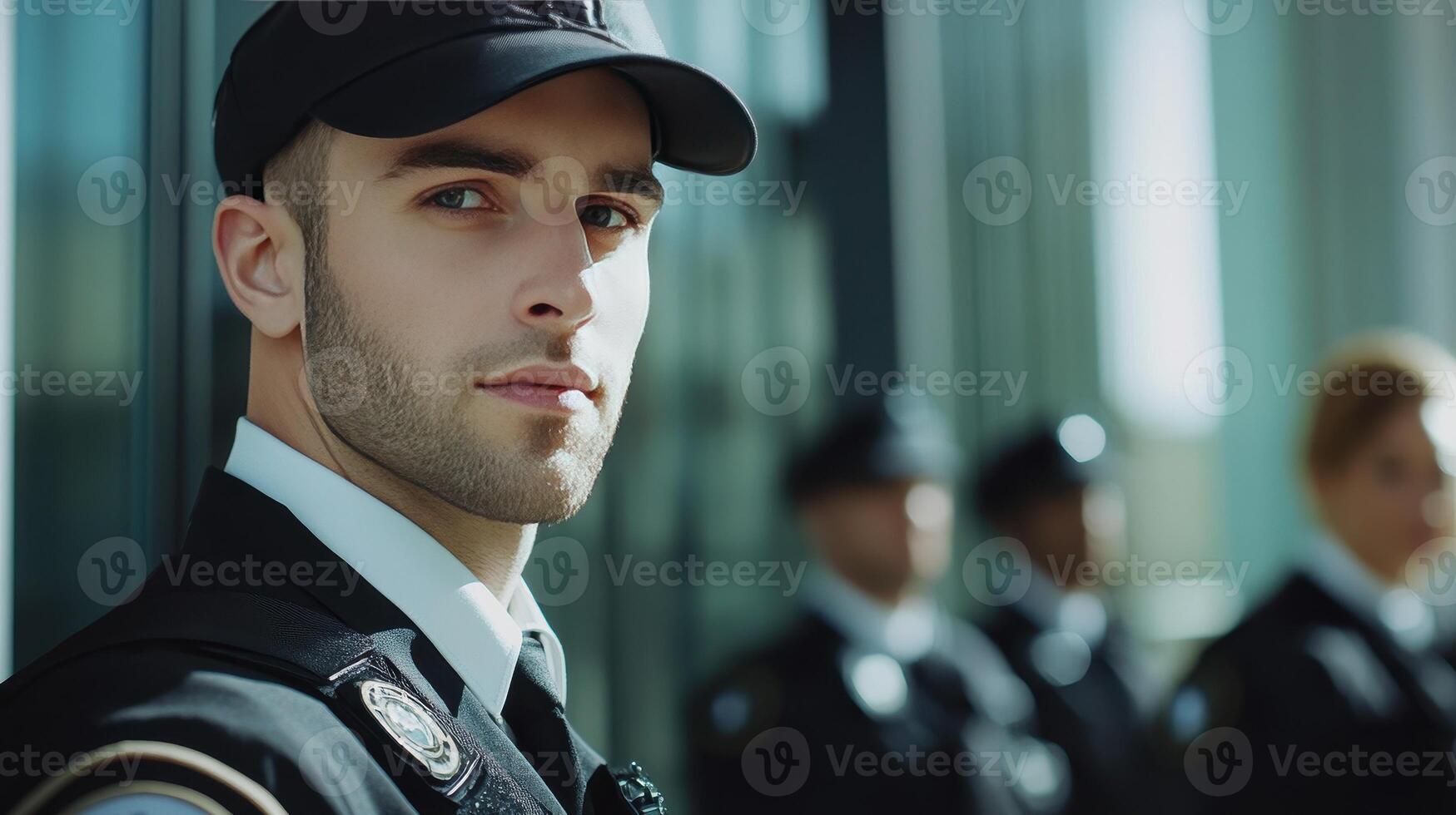 Young security officer stands watch at an urban location during daylight, observing surroundings with fellow officers nearby photo