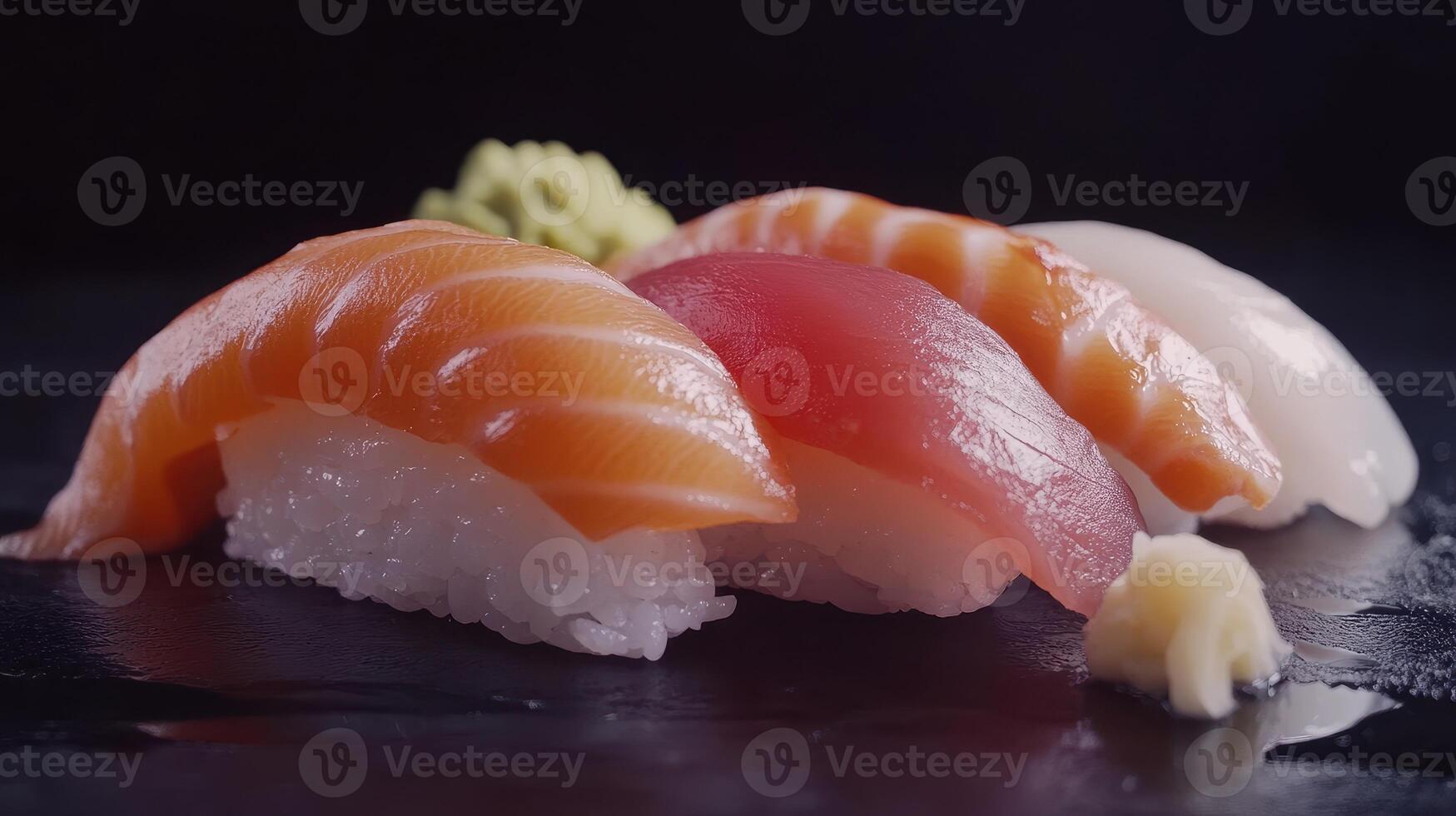 Fresh sushi assortment featuring sashimi and nigiri served with wasabi on a dark stone platter photo