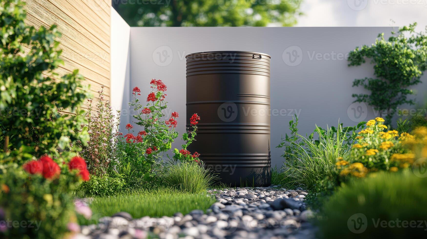 A black water storage tank surrounded by vibrant flowers and greenery in a residential garden during daylight photo