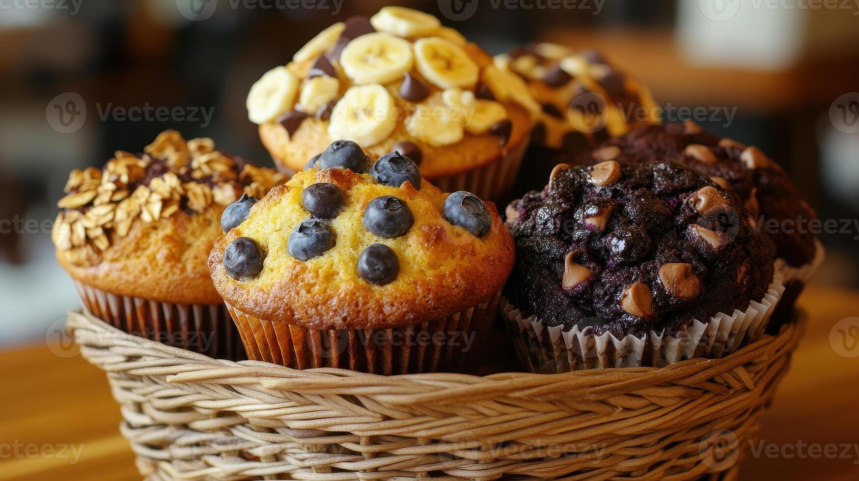 Delicious assortment of freshly baked muffins with blueberries, bananas, and chocolate displayed in a woven basket on a wooden table photo