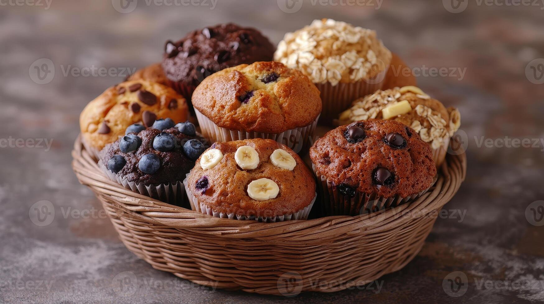 Delicious variety of homemade muffins in a woven basket on a rustic table photo