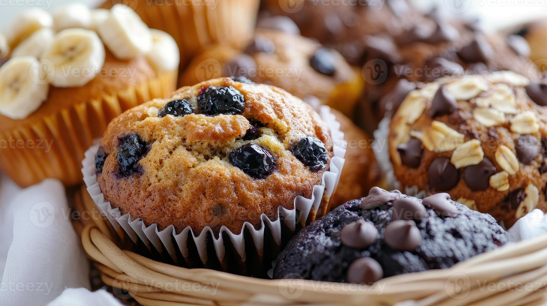 Freshly baked muffins and cupcakes in a woven basket with various toppings and flavors displayed on a table photo