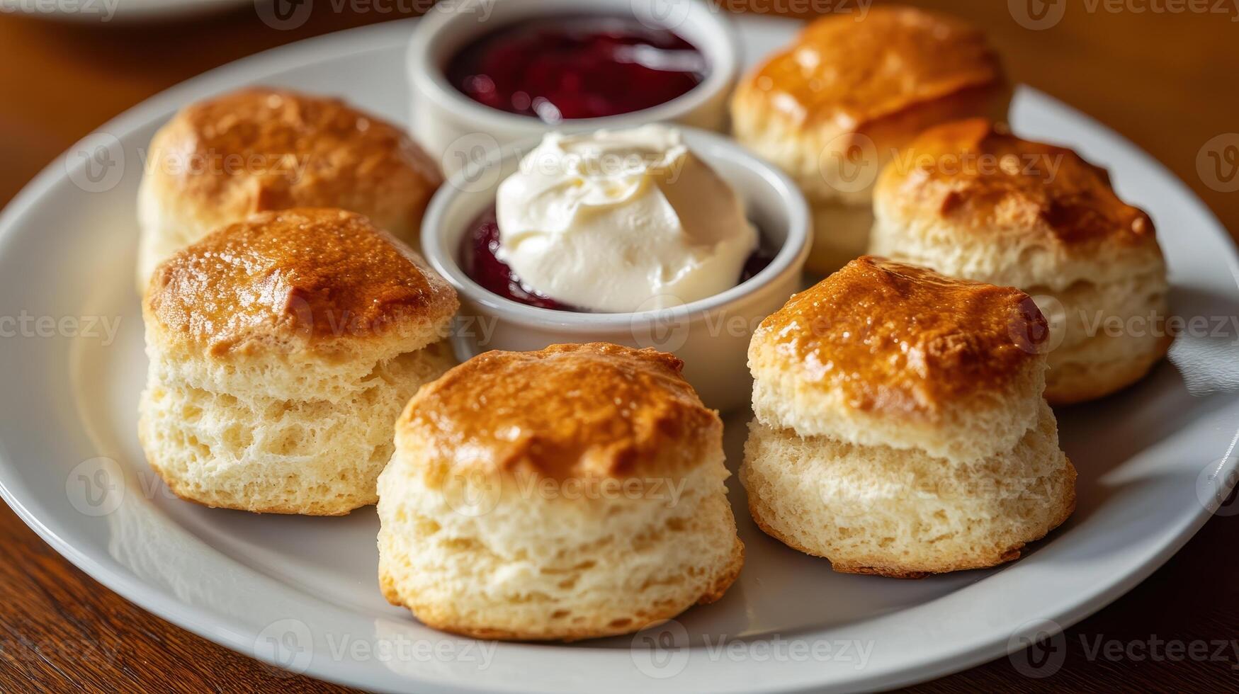 Freshly baked scones with cream and jam served on a white plate for afternoon tea photo