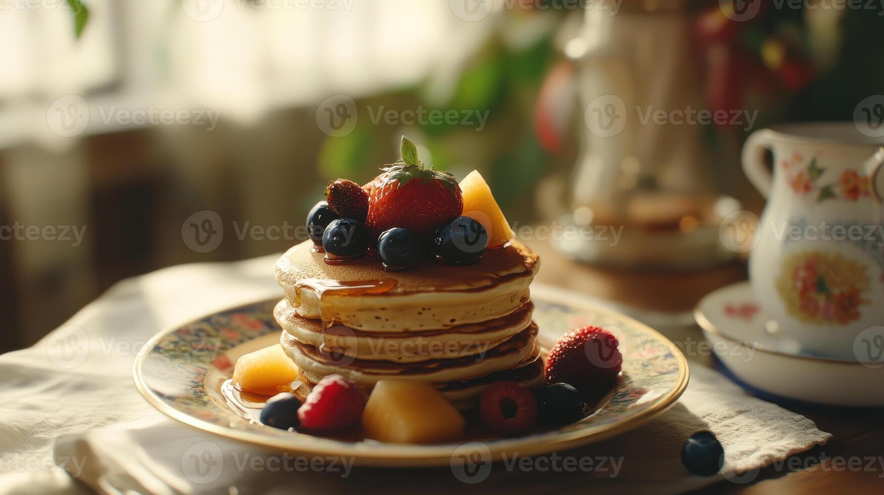 Stack of fluffy pancakes topped with fresh berries and tropical fruit on a decorative plate in a cozy kitchen photo