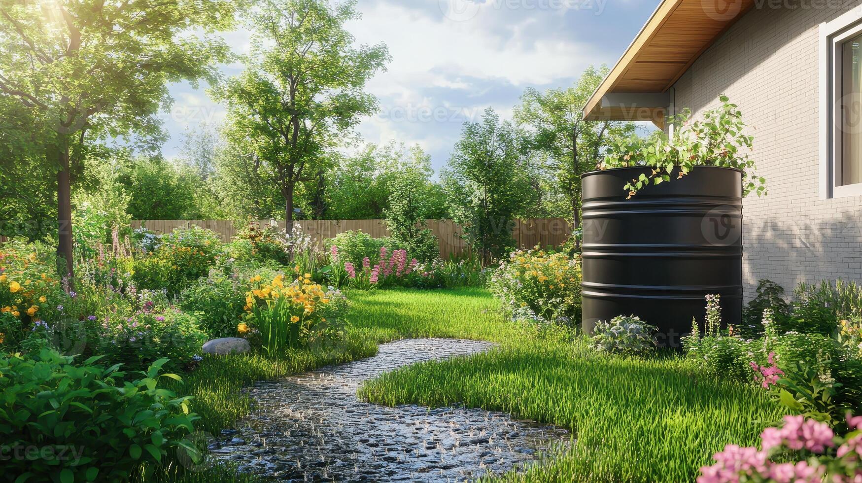 Lush garden with colorful flowers and a rainwater barrel beside a house on a sunny afternoon photo