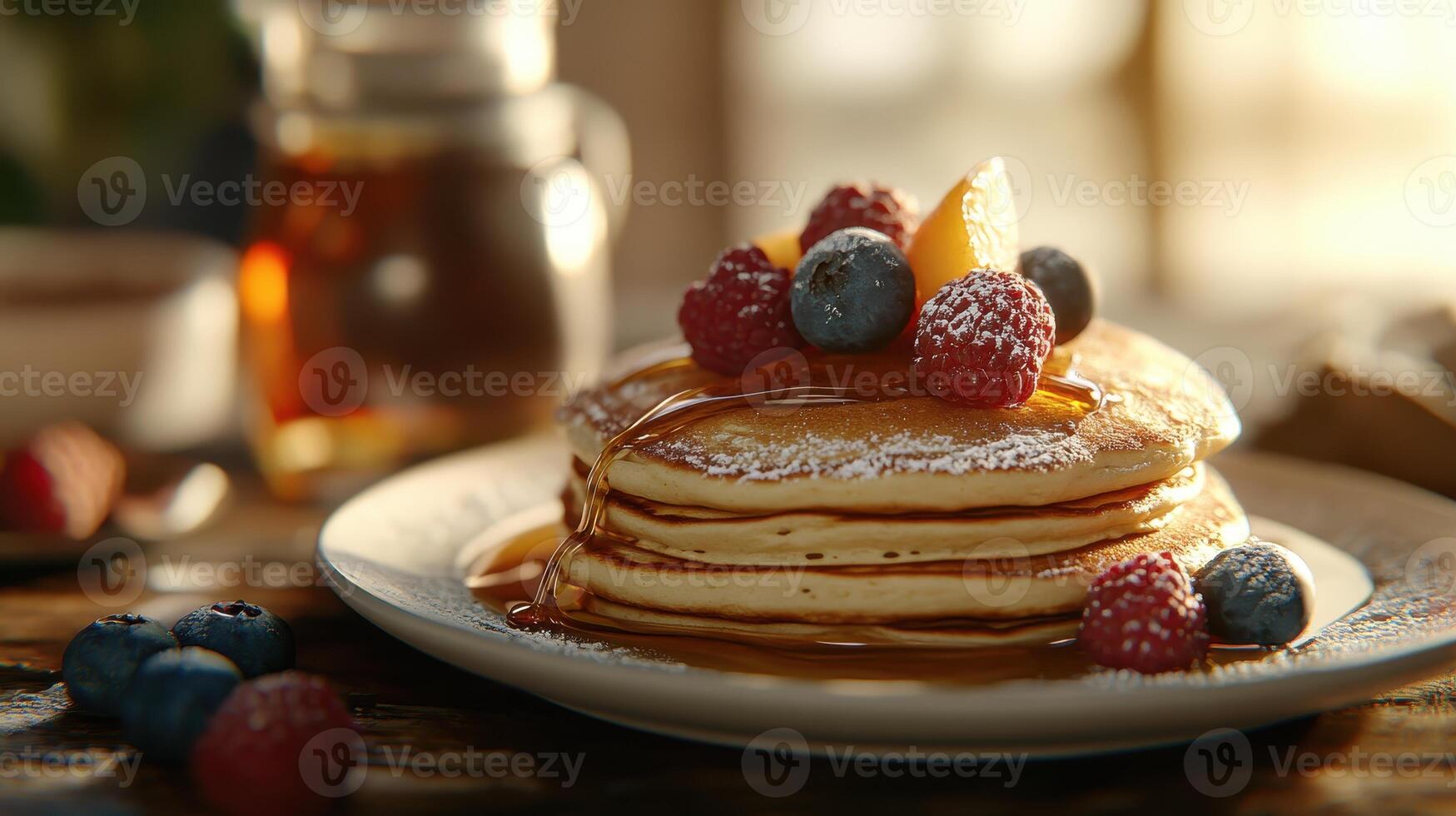 Delicious stack of pancakes topped with fresh berries and syrup on a rustic table photo